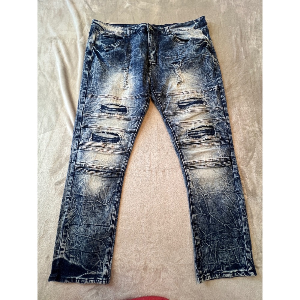 Phat Farm Jeans Mens 40x30 Blue  Distressed Acid Wash Moto Biker Denim